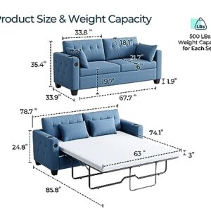 LINSY HOME Pull Out Sofa Bed, Queen Sleeper Sofa Couch with Memory Foam Mattress and Solid Wood Bed Frame, Covers Removable and Washable, Pullout Couch for Home Office, Blue, Queen Size