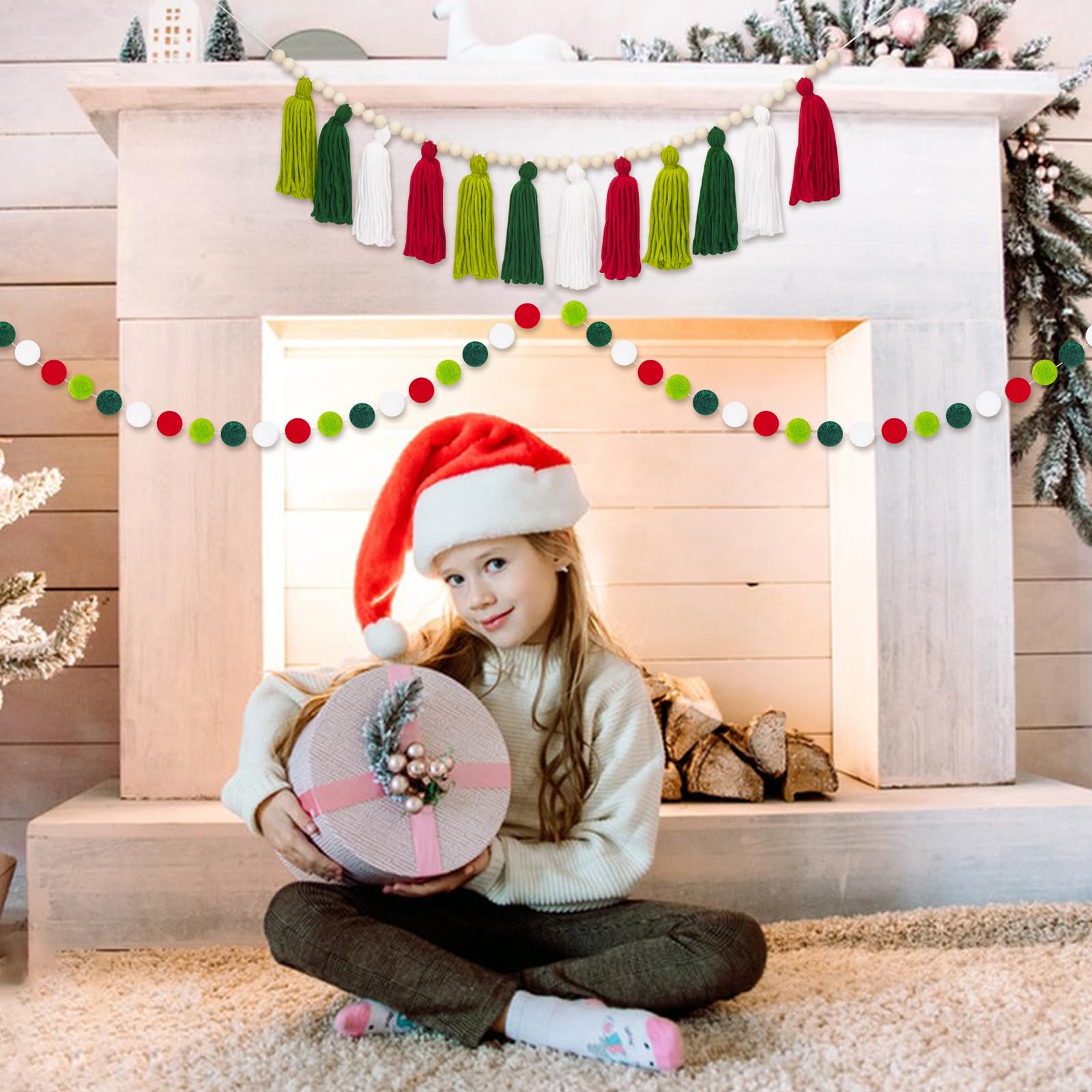 Anwyll Tassel Garlands,Christmas Tassel Garlands with Wood Beads,Tassel Wall Hanging Decor,Classroom Home Decor Pastel Tassel Garland with 2Pcs Pom Pom Balls Garlands for Christmas Holiday Party