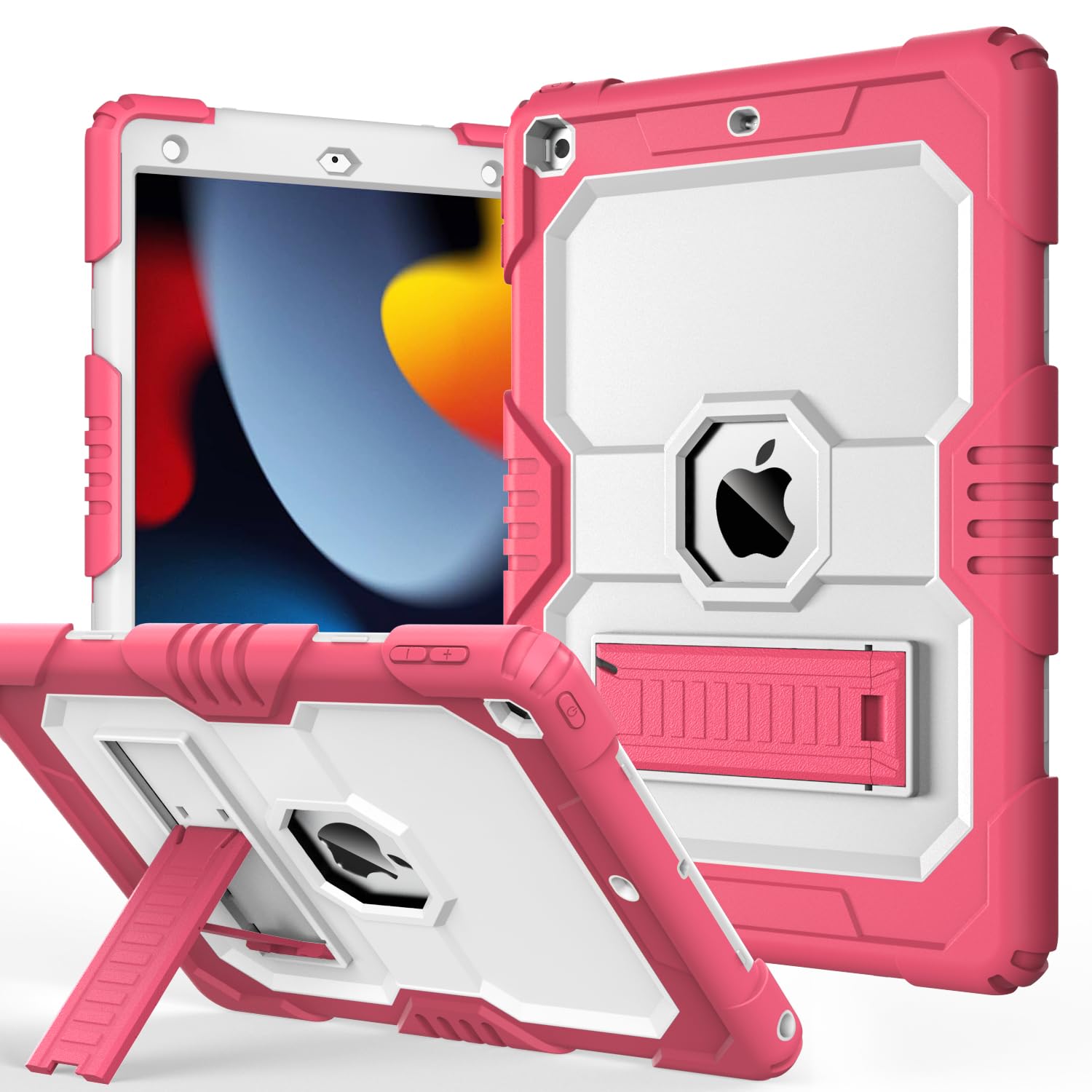 OKP Case for iPad 9th/ 8th/ 7th Generation (2021/2020/2019), Heavy Duty 10.2 inch iPad Shockproof Rugged Protective Cover with Built-in Stand, iPad 9 8 7 Gen Cases for Kids Girls Boys, Pink+White