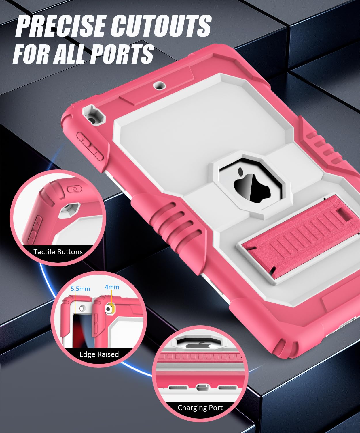 OKP Case for iPad 9th/ 8th/ 7th Generation (2021/2020/2019), Heavy Duty 10.2 inch iPad Shockproof Rugged Protective Cover with Built-in Stand, iPad 9 8 7 Gen Cases for Kids Girls Boys, Pink+White