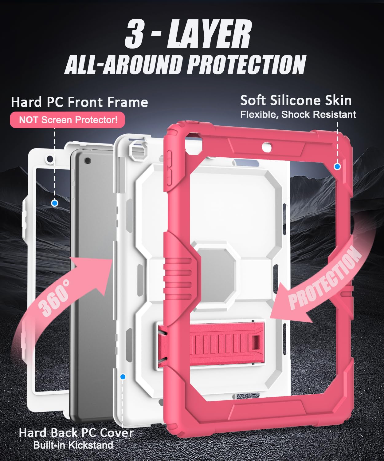 OKP Case for iPad 9th/ 8th/ 7th Generation (2021/2020/2019), Heavy Duty 10.2 inch iPad Shockproof Rugged Protective Cover with Built-in Stand, iPad 9 8 7 Gen Cases for Kids Girls Boys, Pink+White