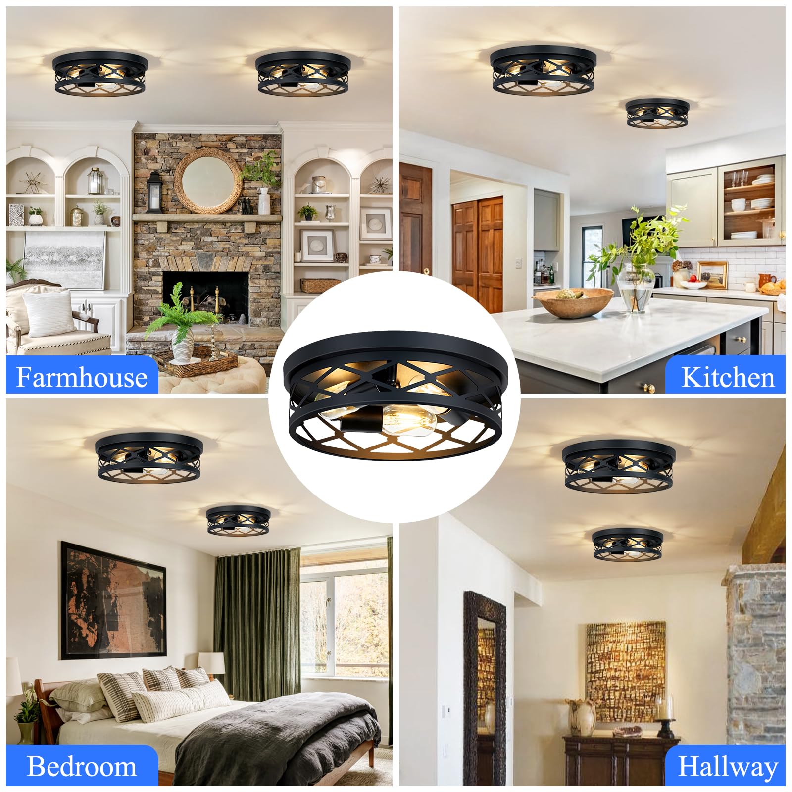 SKEJAO, 2 Pack Flush Mount Ceiling Light Fixture, Black, for Hallway, Kitchen, Farmhouse, Bedroom (13 x 13 x 3.93 inches, 2400 lumens, Dimmable, 2 Count)