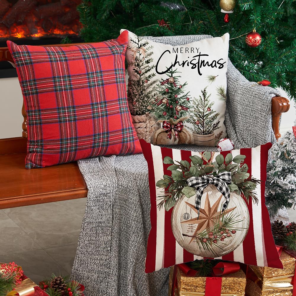 DFXSZ Christmas Pillow Covers 18x18 inch Set of 4 Christmas Tree Gloves Hello winter Decorative Red White Stripe Throw Pillow Covers Winter Farmhouse Decoration for Home couch 134