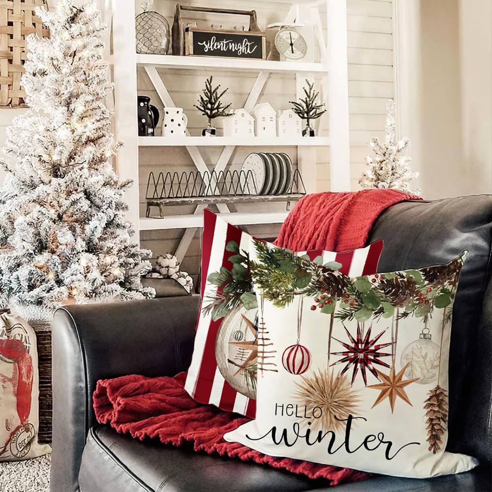 DFXSZ Christmas Pillow Covers 18x18 inch Set of 4 Christmas Tree Gloves Hello winter Decorative Red White Stripe Throw Pillow Covers Winter Farmhouse Decoration for Home couch 134