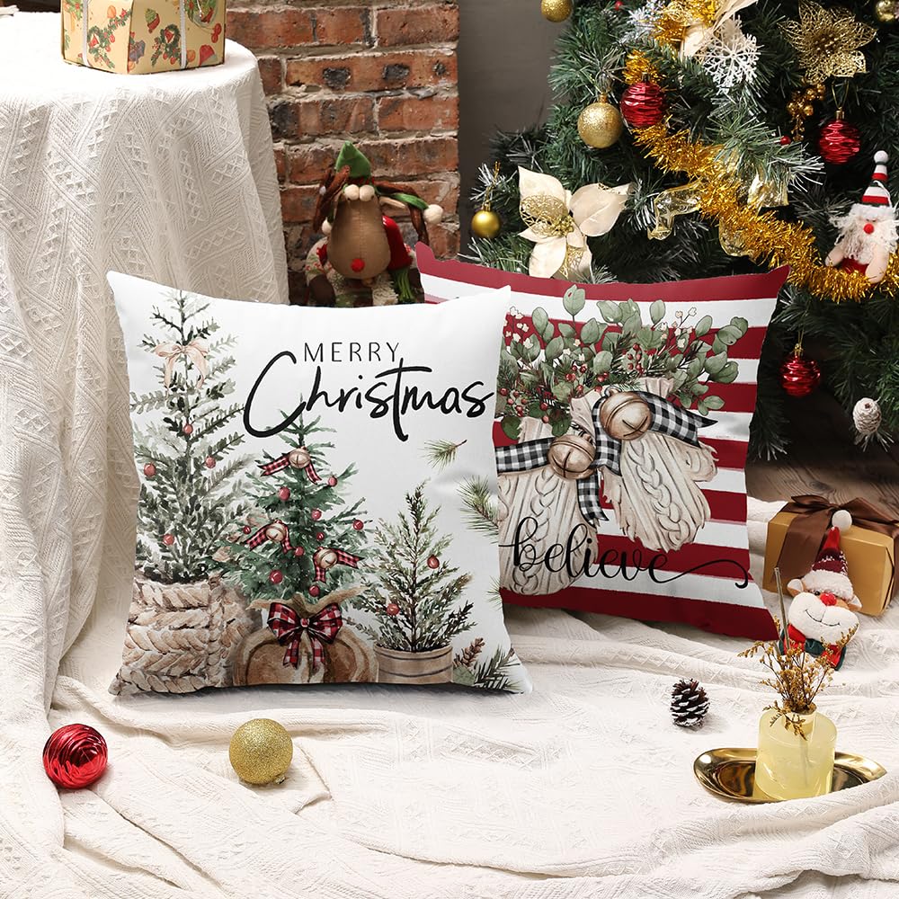 DFXSZ Christmas Pillow Covers 18x18 inch Set of 4 Christmas Tree Gloves Hello winter Decorative Red White Stripe Throw Pillow Covers Winter Farmhouse Decoration for Home couch 134