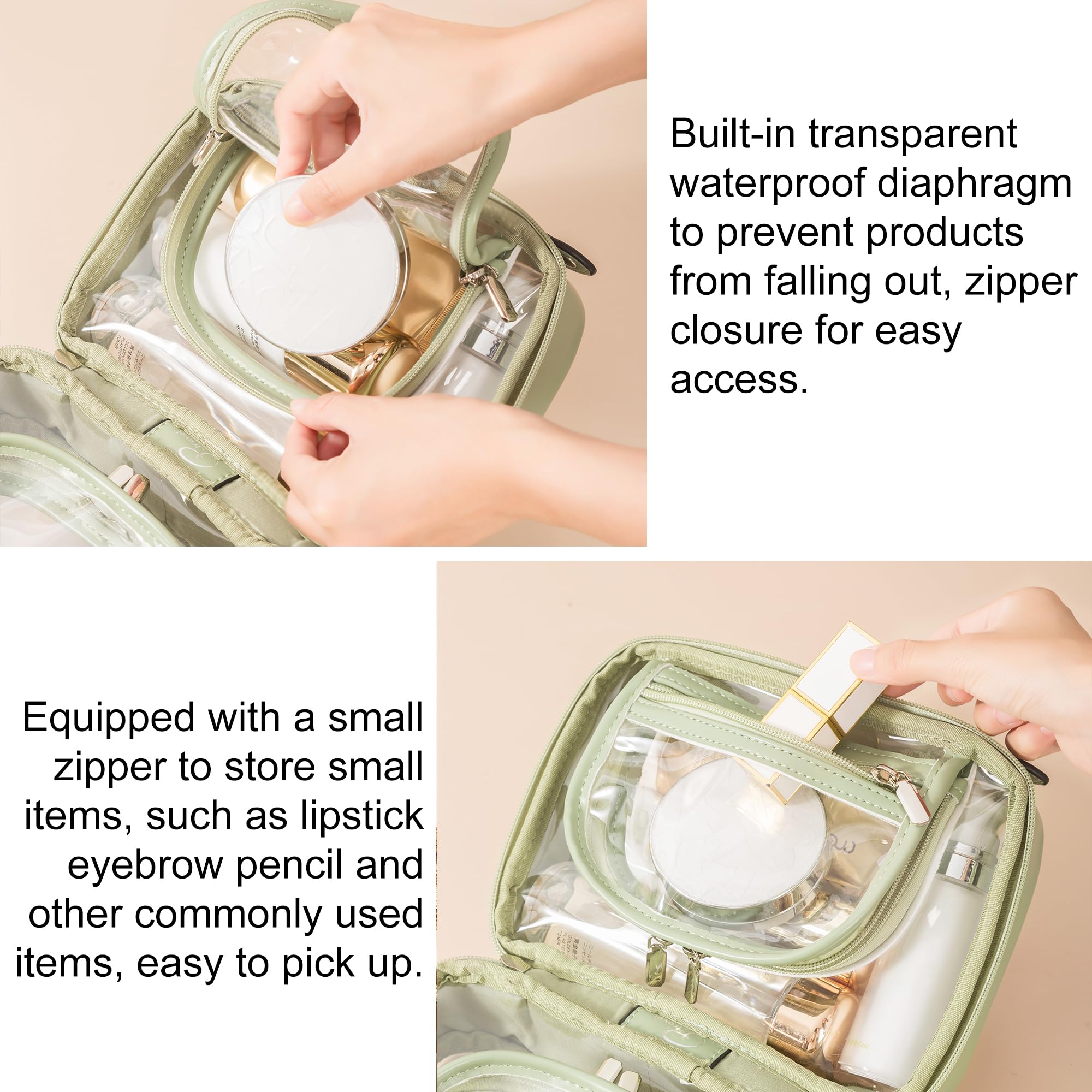 Veki TSA Approved Toiletry Bag Transparent Makeup bag Double Travel Cosmetic bags Case Waterproof Toiletries Bag Large Capacity Open Storage bag Organizer for Women and Girls (Small Green)