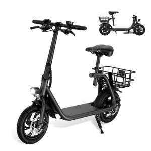 roxaan electric scooter adults with seat, 15.5mph 20miles range foldable electric scooter for adults, 450w powered e-scooter for commuting w/basket, 12.5" pneumatic tire sports scooter (matte black)