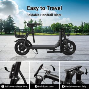 ROXAAN Electric Scooter Adults with Seat, 15.5Mph 20Miles Range Foldable Electric Scooter for Adults, 450W Powered E-Scooter for Commuting W/Basket, 12.5" Pneumatic Tire Sports Scooter (Matte Black)