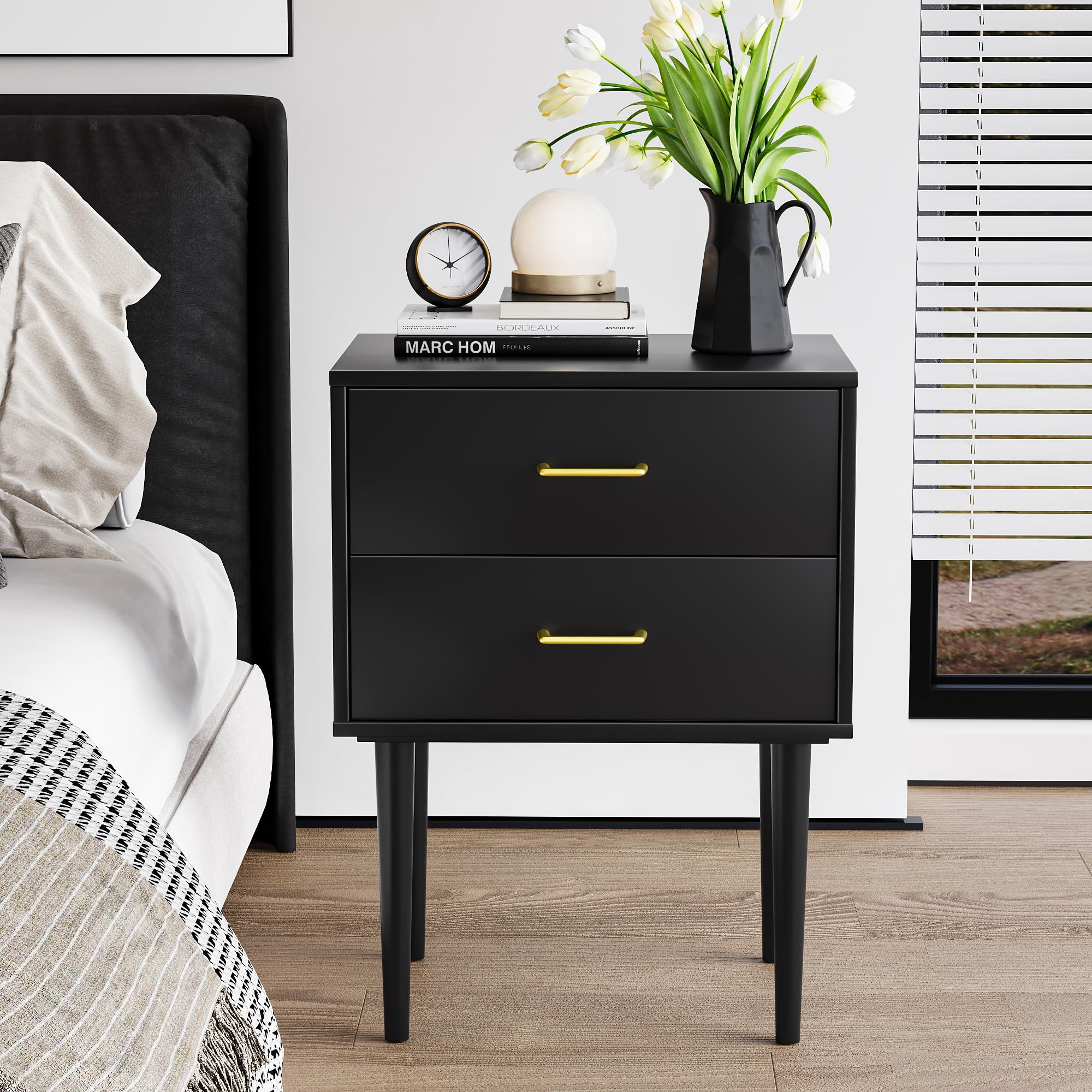 Black Nightstand with 2 Drawers, Modern Night Stand Black, Wooden Night Stands for Bedroom, Bed Side Table, End Table, Gold Handle 26 Inch Tall, Large Size