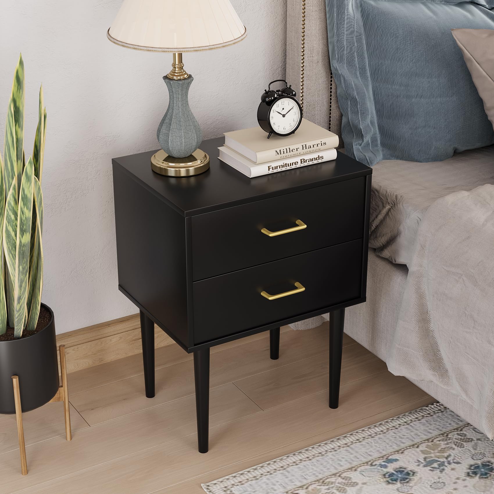 Black Nightstand with 2 Drawers, Modern Night Stand Black, Wooden Night Stands for Bedroom, Bed Side Table, End Table, Gold Handle 26 Inch Tall, Large Size