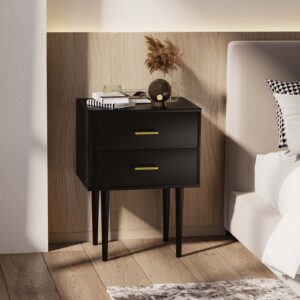 Black Nightstand with 2 Drawers, Modern Night Stand Black, Wooden Night Stands for Bedroom, Bed Side Table, End Table, Gold Handle 26 Inch Tall, Large Size