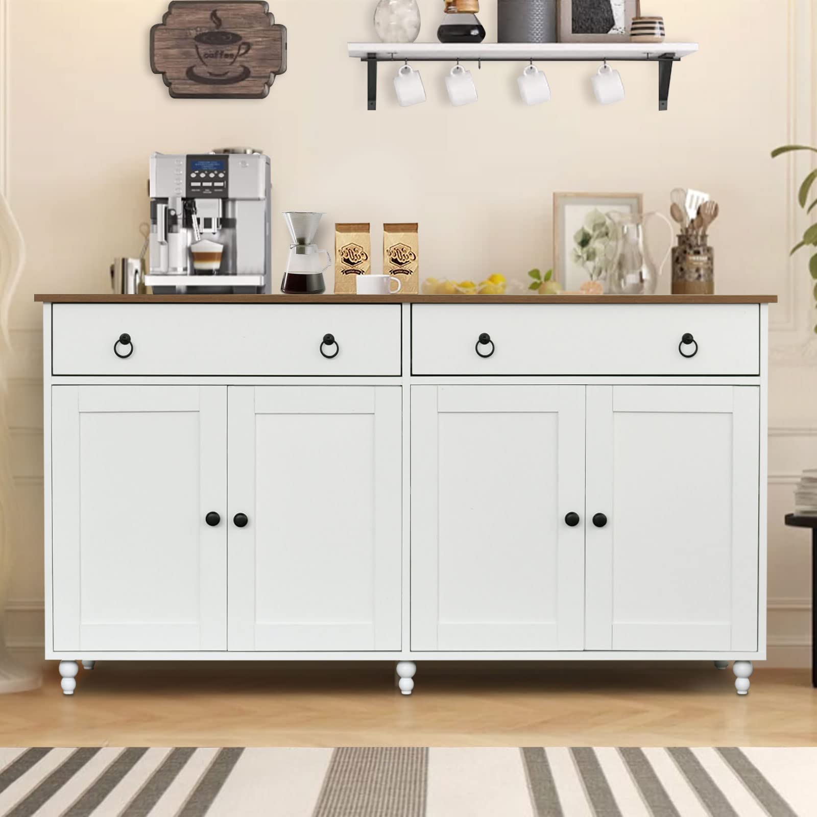 4ever2buy Mid-Century Sideboard Buffet Cabinet with Storage, 55" Coffee Bar Cabinet with 2 Drawers and 4 Doors, White Kitchen Buffet Storage Cabinet for Living Dining Room