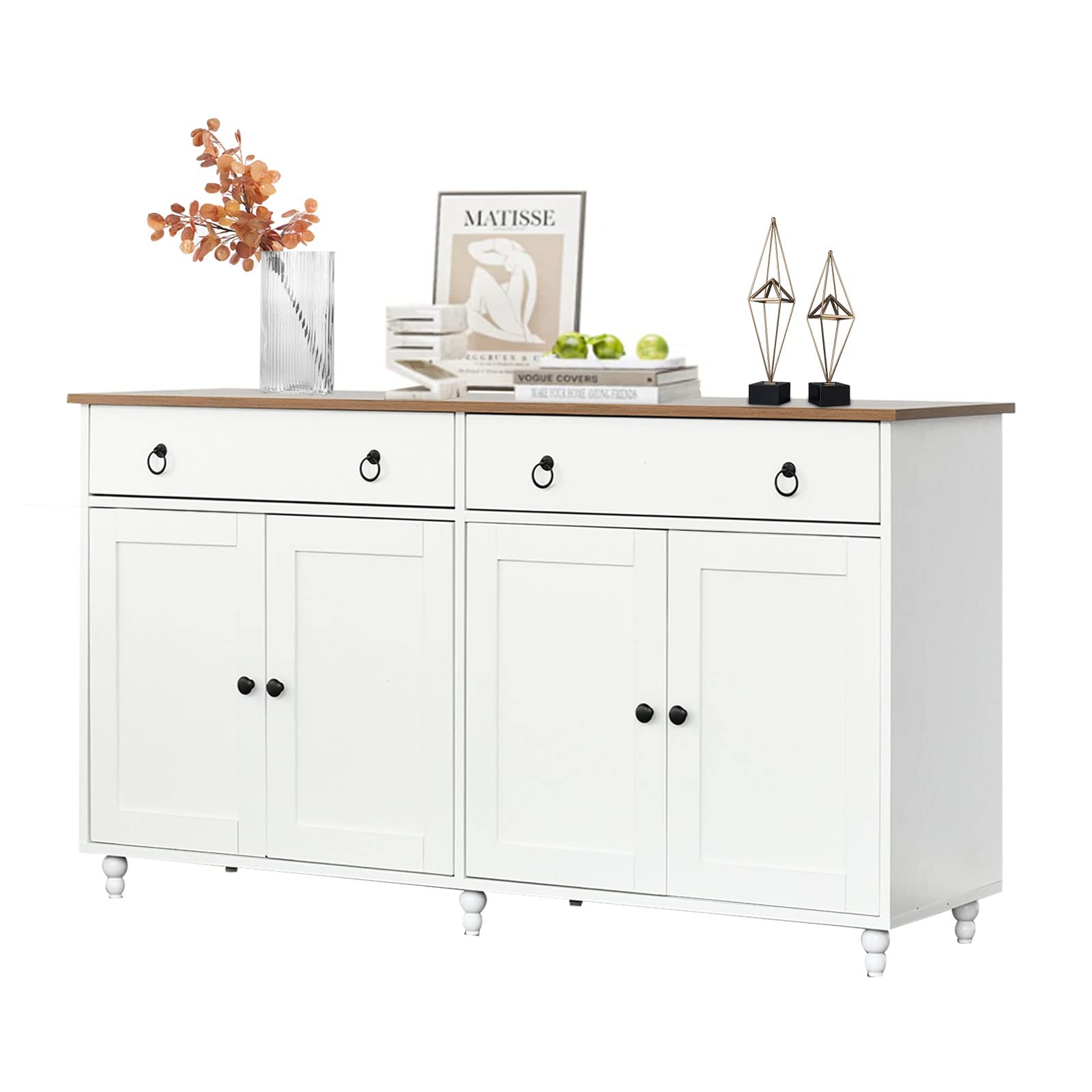 4ever2buy Mid-Century Sideboard Buffet Cabinet with Storage, 55" Coffee Bar Cabinet with 2 Drawers and 4 Doors, White Kitchen Buffet Storage Cabinet for Living Dining Room