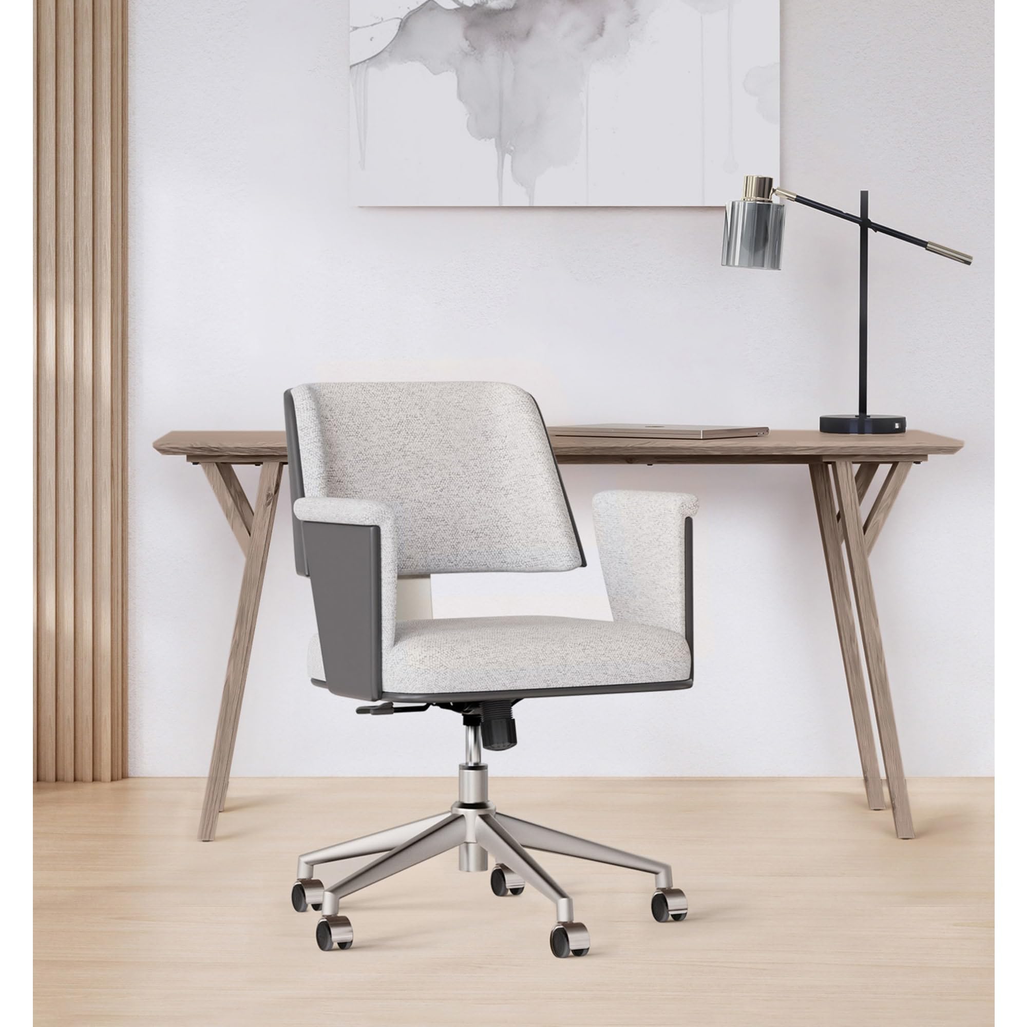 Realspace® Modern Comfort Picali Bouclé Fabric/Vegan Leather Low-Back Task Chair, White Stone/Gray/Brushed Nickel, BIFMA Compliant