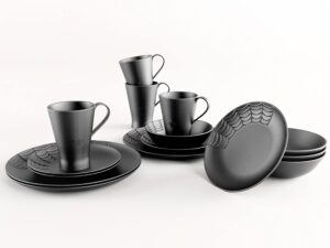 nomnu spiderweb dinnerware set (16 pieces) - gothic kitchen decor - black matte porcelain gothic dinnerware set: 4 dinner plates 4 salad plates 4 bowls 4 mugs - spiderweb decor halloween spooky gifts