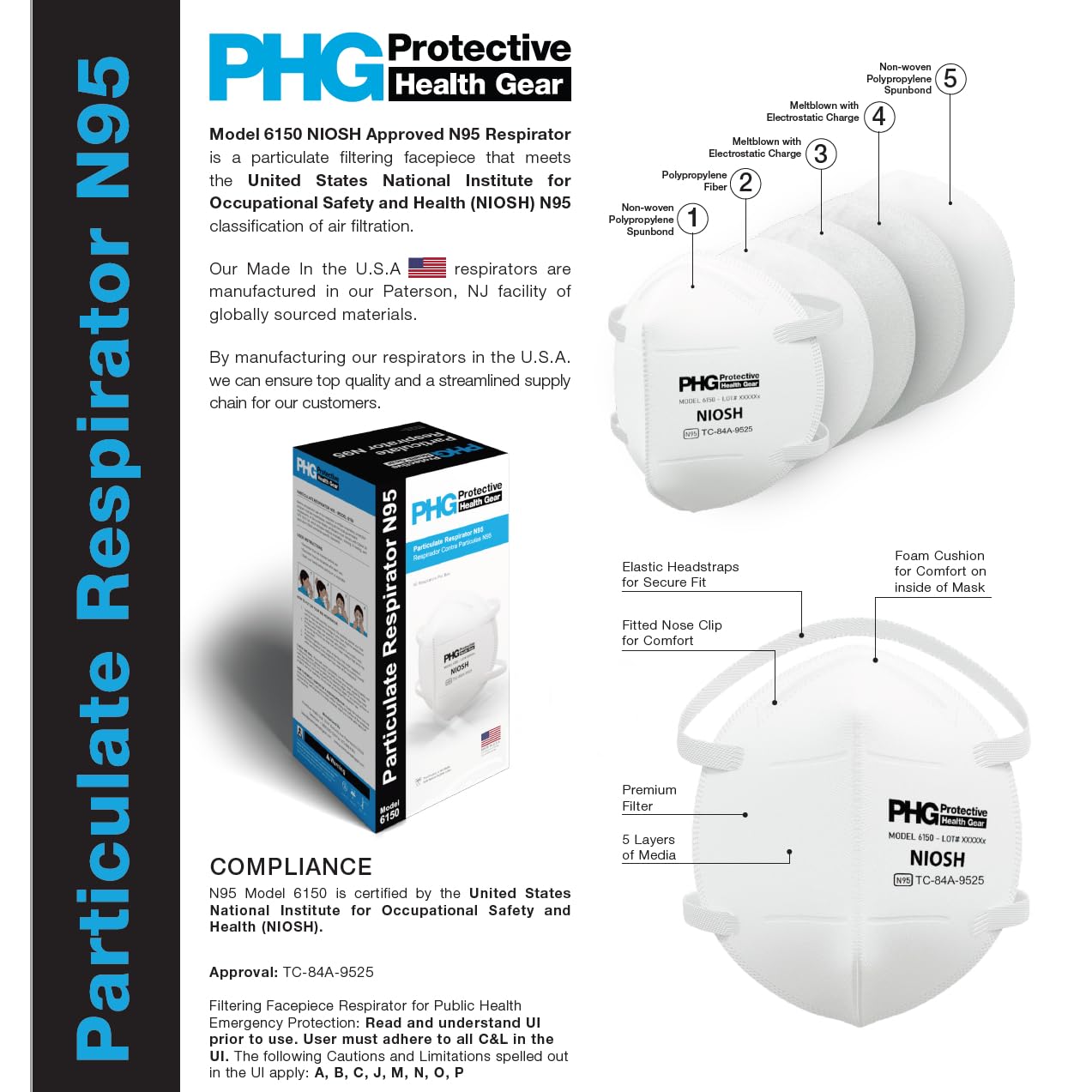 PHG PROTECTIVE HEALTH GEAR N95 Particulate Filtering Respirators, NIOSH Certified, MADE IN USA, For Medical & Personal Use, Head-Straps, 50 Individually Wrapped Masks