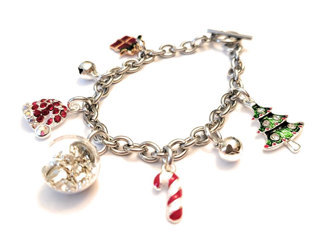 Christmas Tree Charm Bracelet with Snow Globe Present Candy Cane Santa Claus Hat Jingle Bells