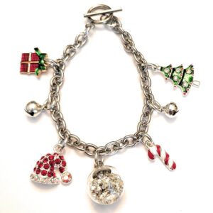 Christmas Tree Charm Bracelet with Snow Globe Present Candy Cane Santa Claus Hat Jingle Bells