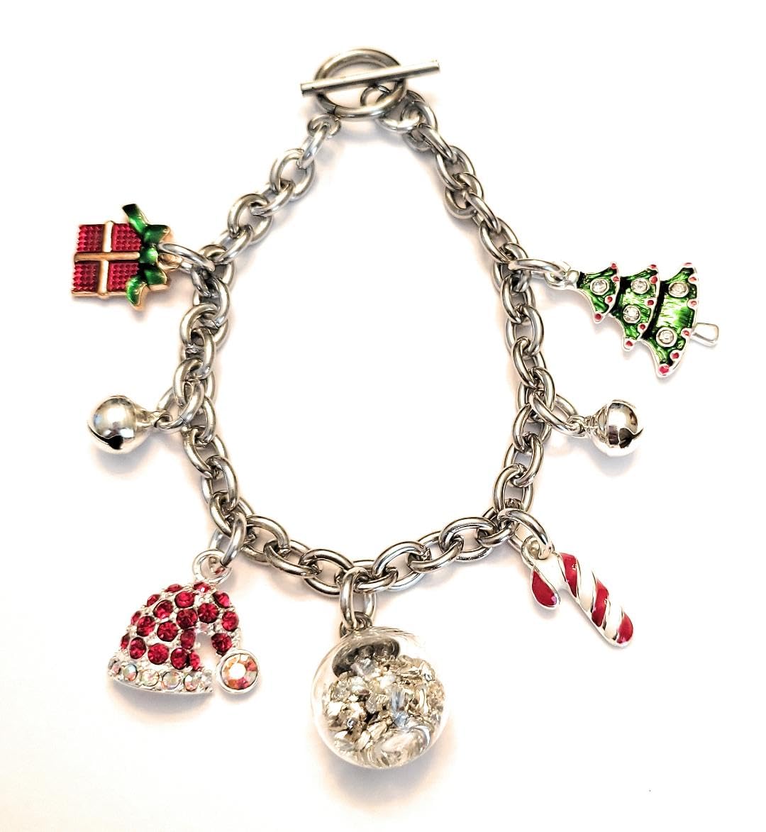 Christmas Tree Charm Bracelet with Snow Globe Present Candy Cane Santa Claus Hat Jingle Bells