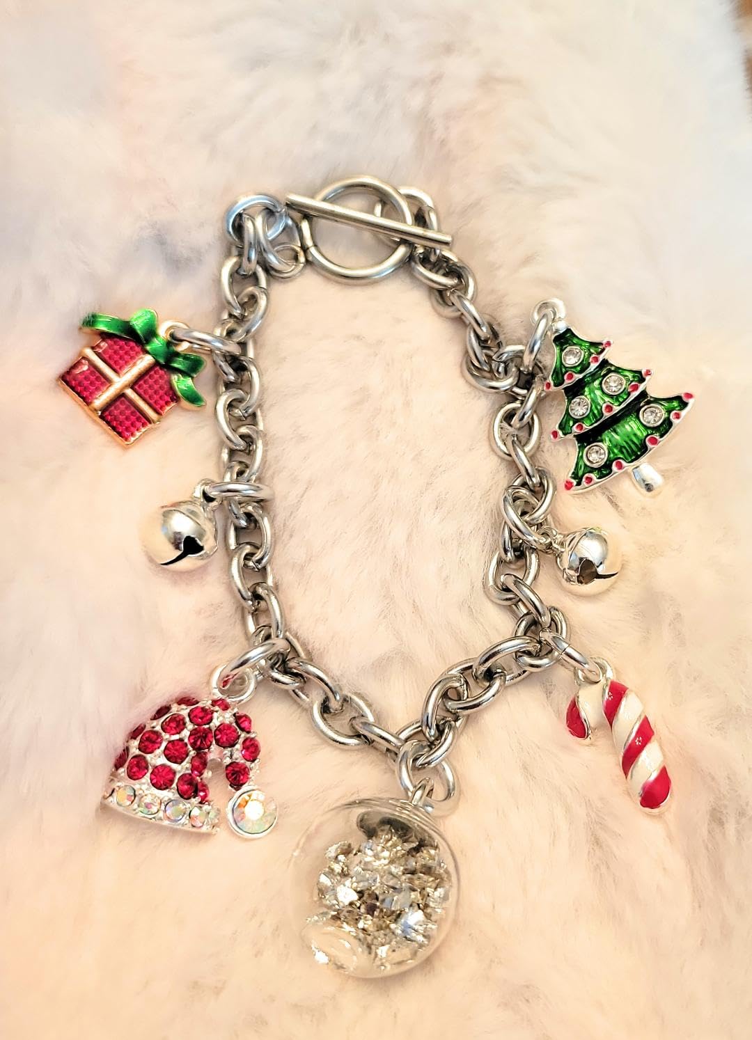 Christmas Tree Charm Bracelet with Snow Globe Present Candy Cane Santa Claus Hat Jingle Bells