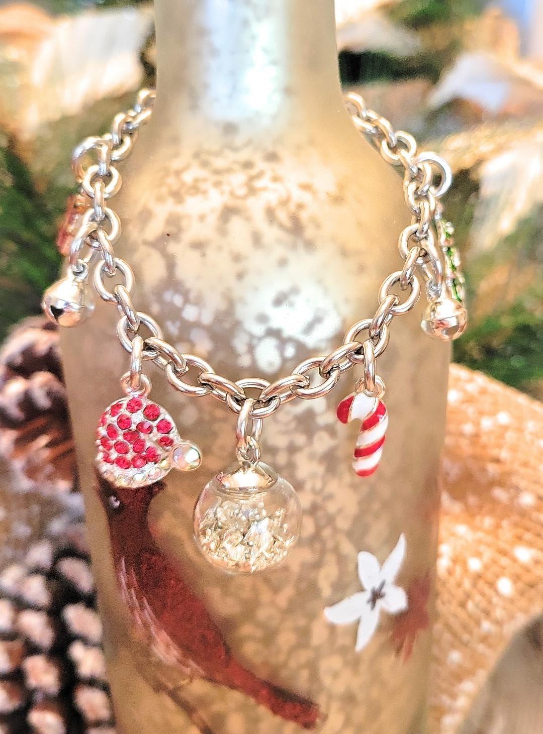 Christmas Tree Charm Bracelet with Snow Globe Present Candy Cane Santa Claus Hat Jingle Bells