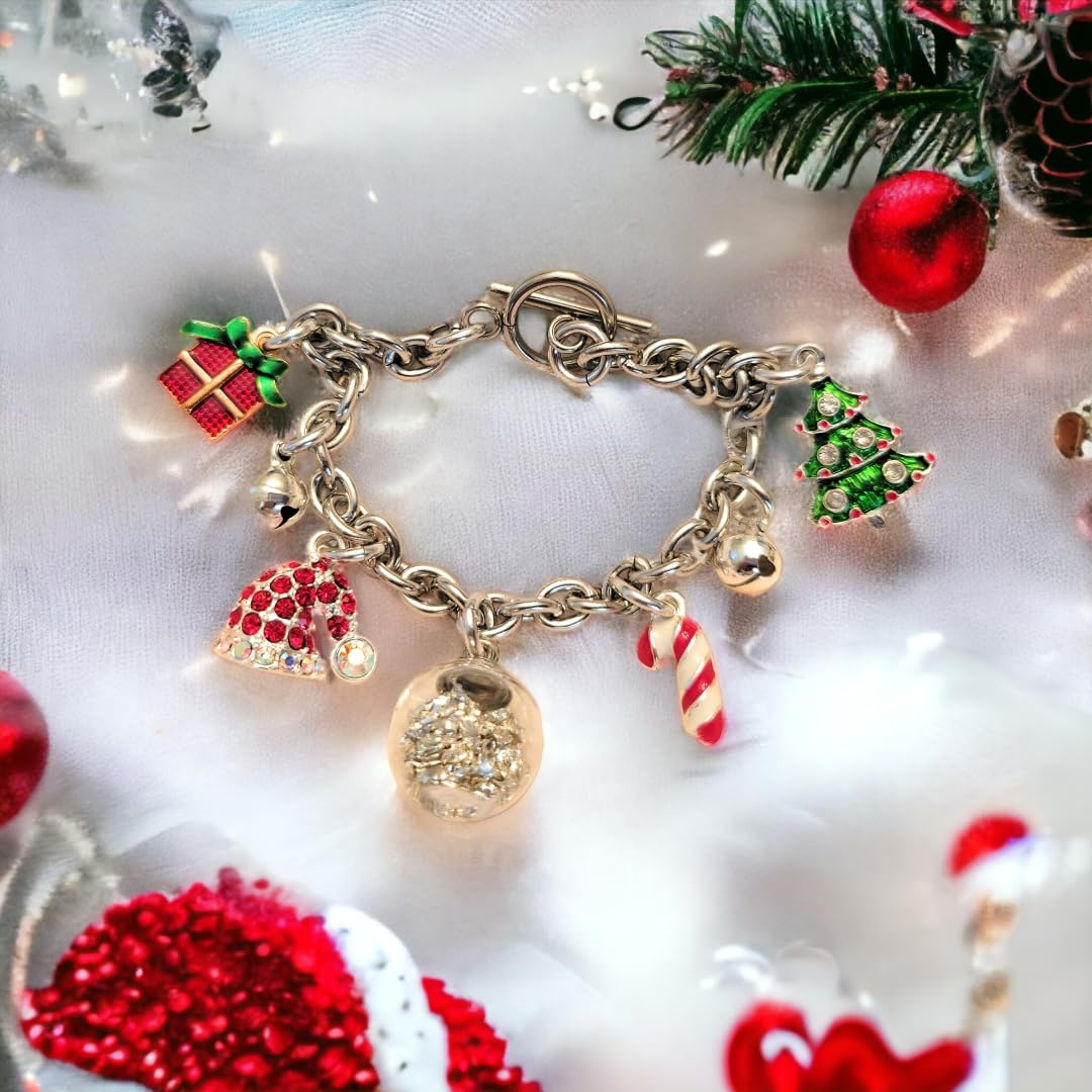 Christmas Tree Charm Bracelet with Snow Globe Present Candy Cane Santa Claus Hat Jingle Bells