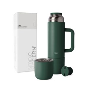 simple modern 36oz insulated hot beverage bottle with 2 mugs | travel coffee thermos for hot drinks | twist and pour top | commute, travel, and picnic friendly | roam collection | forest