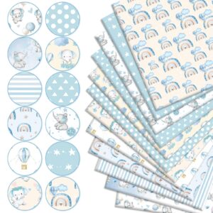 AnyDesign 12Pcs Baby Shower Cotton Fabric Bundles Blue Elephant Hot Air Balloon Star Rainbow Printed Fat Quarters Cute Sewing Fabrics for DIY Handmade Crafting, 18 x 22 Inch