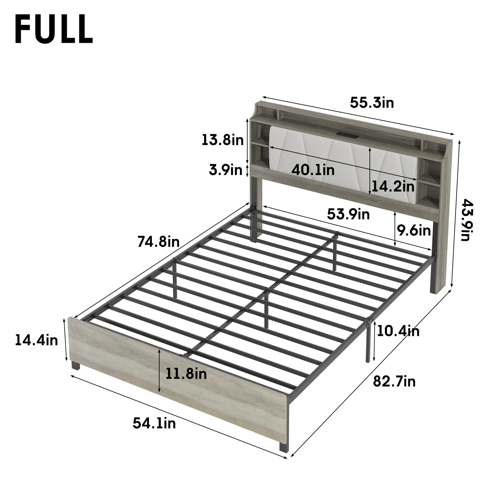 Full Size Bed Frames with Storage Headboard and LED Lights, Upholstered Platform Bed with Charging Station, Storage Space Under The Bed, Steel Slat Support, No Box Spring Needed, Noise Free