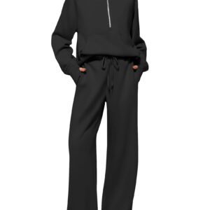 Casly Lamiit Lounge Sets for Women Trendy Half Zip Sweatshirt Wide Leg Sweatpants Lounge Matching Set Tracksuit Sweatsuit 2024 Fall Winter Clothes Set 2 Piece Outfits Black L