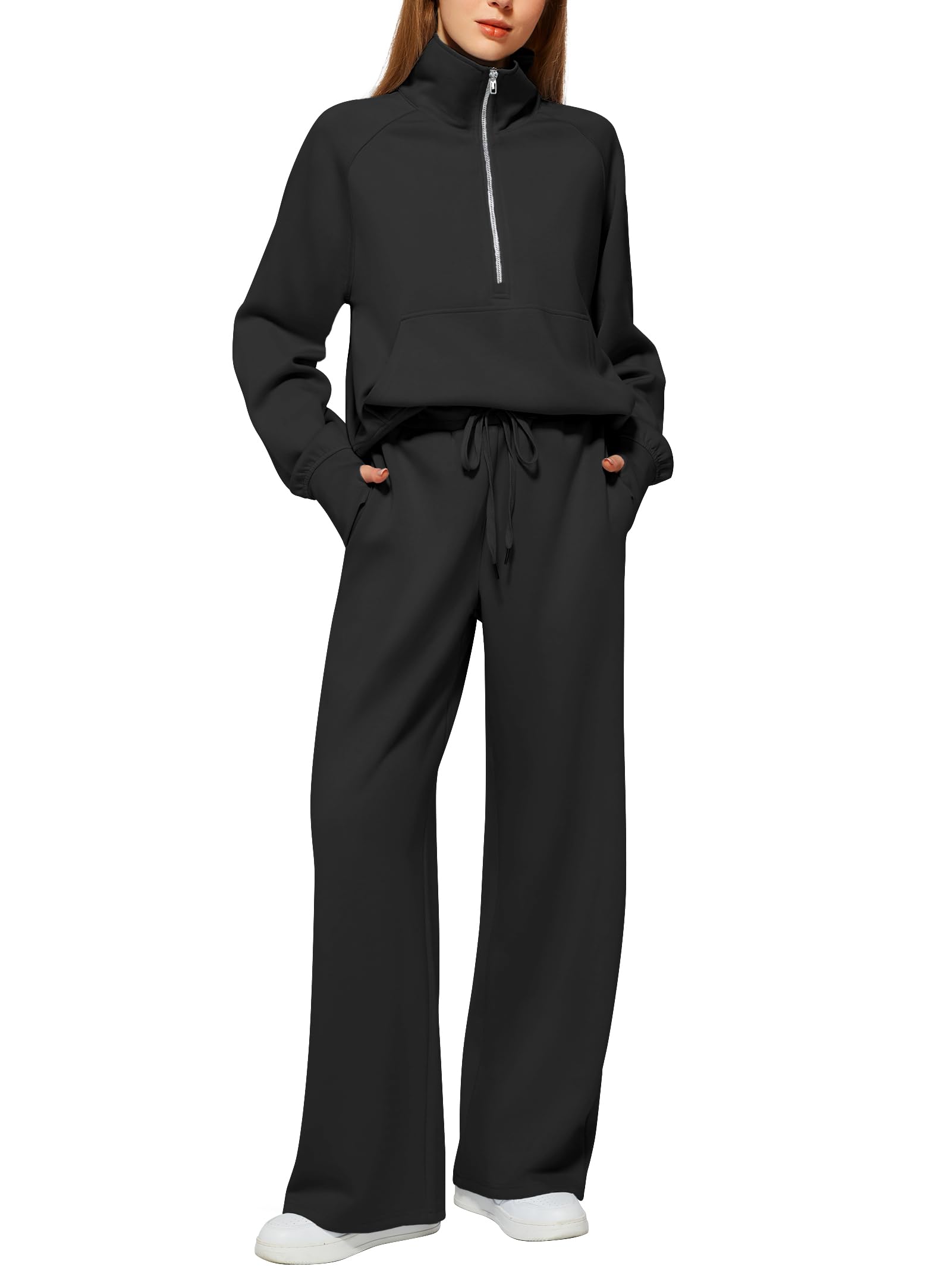 Casly Lamiit Lounge Sets for Women Trendy Half Zip Sweatshirt Wide Leg Sweatpants Lounge Matching Set Tracksuit Sweatsuit 2024 Fall Winter Clothes Set 2 Piece Outfits Black L