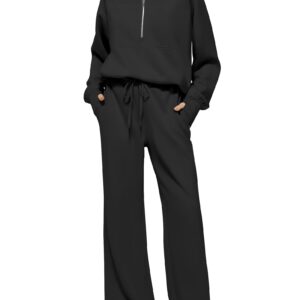 Casly Lamiit Lounge Sets for Women Trendy Half Zip Sweatshirt Wide Leg Sweatpants Lounge Matching Set Tracksuit Sweatsuit 2024 Fall Winter Clothes Set 2 Piece Outfits Black L