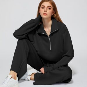 Casly Lamiit Lounge Sets for Women Trendy Half Zip Sweatshirt Wide Leg Sweatpants Lounge Matching Set Tracksuit Sweatsuit 2024 Fall Winter Clothes Set 2 Piece Outfits Black L