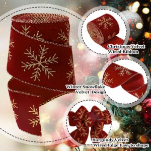 Whaline 2 Rolls Christmas Velvet Wired Ribbon 2.5 Inch Winter Snowflake Velvet Ribbon Burgundy Gold Glitter Xmas Decor Wrapping Ribbon for Gift Wrapping Bow Wreath Crafts Home Decor, 20 Yards