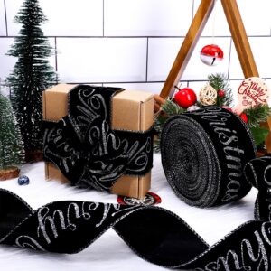 Whaline 50 Yards Christmas Velvet Wired Ribbon 2.5 Inch Merry Christmas Velvet Ribbon Black Silver Glitter Xmas Decor Wrapping Ribbon for Gift Wrapping Bow Wreath Crafts Home Decor, 2 Roll