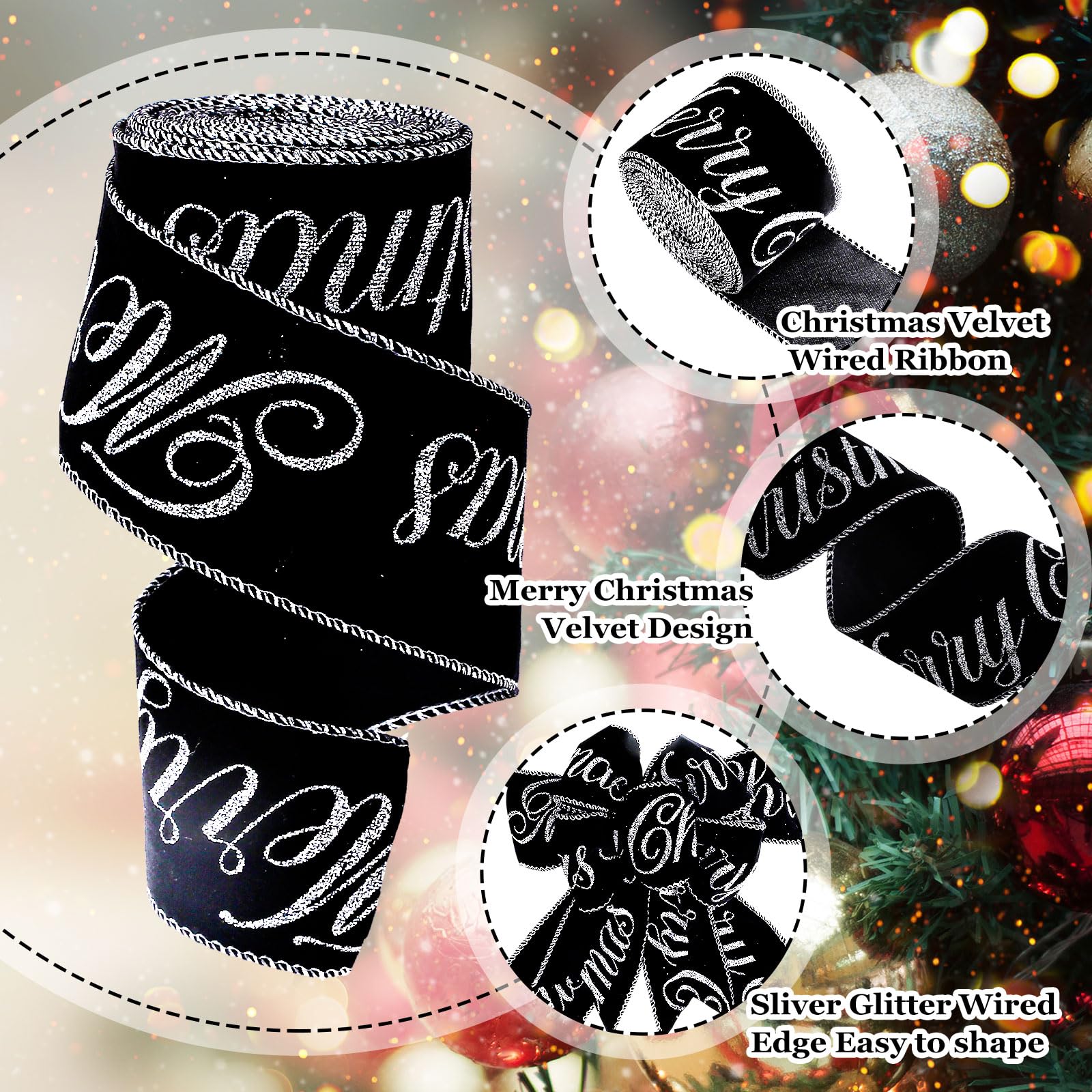 Whaline 50 Yards Christmas Velvet Wired Ribbon 2.5 Inch Merry Christmas Velvet Ribbon Black Silver Glitter Xmas Decor Wrapping Ribbon for Gift Wrapping Bow Wreath Crafts Home Decor, 2 Roll