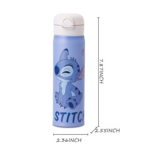 Cute Stitch Water Bottle,Cartoon Anime Water Bottle Cup with Straw,Quick Open Insulated Bottle for Girls 480ml (A)