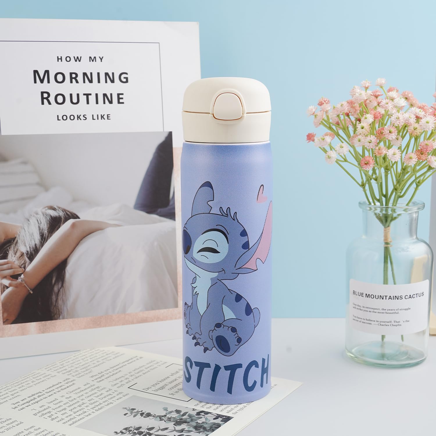 Cute Stitch Water Bottle,Cartoon Anime Water Bottle Cup with Straw,Quick Open Insulated Bottle for Girls 480ml (A)