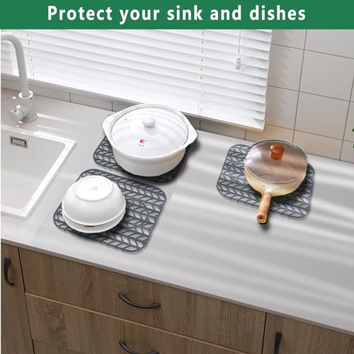 GUUKIN Sink Protectors for Kitchen sink, 13 5/8" x 11 5/8" Folding Non-slip Silicone Sink Mat Grid for Bottom of Farmhouse Stainless Steel Porcelain Sink with 3 Reserved Holes Pack of 2