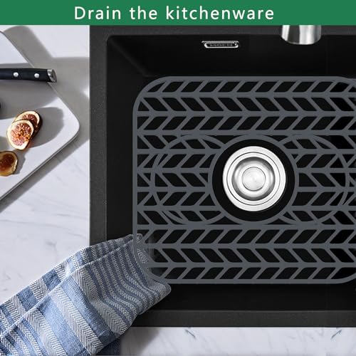 GUUKIN Sink Protectors for Kitchen sink, 13 5/8" x 11 5/8" Folding Non-slip Silicone Sink Mat Grid for Bottom of Farmhouse Stainless Steel Porcelain Sink with 3 Reserved Holes Pack of 2