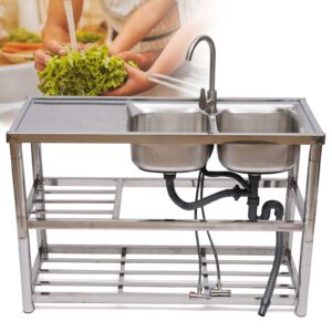 Commercial Kitchen Utility Sink with Prep Table, Free Standing Stainless Steel Double Bowl Kitchen Sink Set with Faucet and Drainboard Indoor Outdoor Rectangular Catering Sink 47.24x31.88x17.71inch