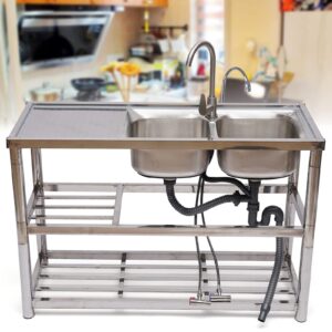 Commercial Kitchen Utility Sink with Prep Table, Free Standing Stainless Steel Double Bowl Kitchen Sink Set with Faucet and Drainboard Indoor Outdoor Rectangular Catering Sink 47.24x31.88x17.71inch