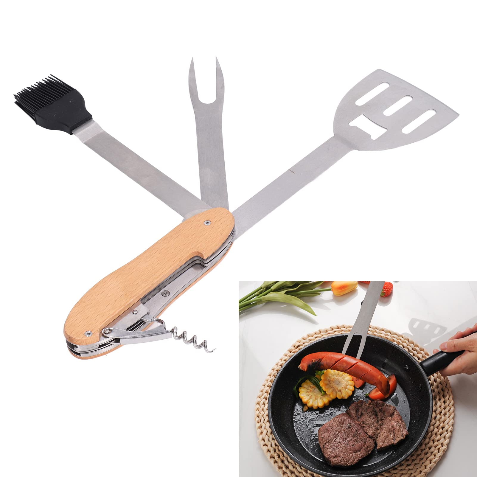 Grill Tools for Outdoor Grill, BBQ Tool Set 5 in 1 Multifunction Foldable Portable Spatula Brush Fork Bottle Opener Stainless Steel Grill Combo Set