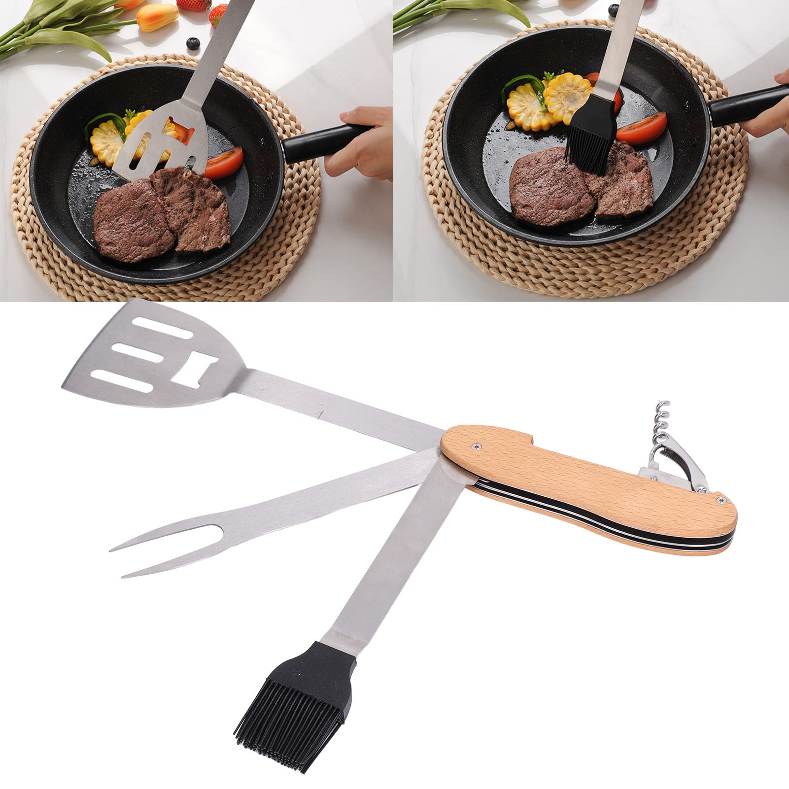 Grill Tools for Outdoor Grill, BBQ Tool Set 5 in 1 Multifunction Foldable Portable Spatula Brush Fork Bottle Opener Stainless Steel Grill Combo Set