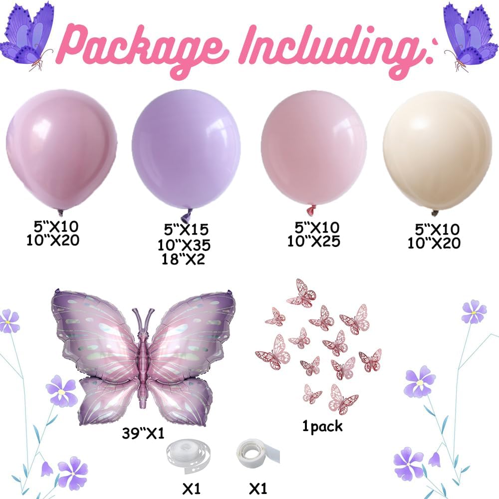 Purple Butterfly Balloon Arch Garland Kit 150 pcs White Sand Boho Pastel Balloon with Purple Large Butterfly Foil Balloon Butterfly Theme Birthday Baby Shower Fiesta Party Decorations for Girls