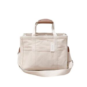 Large Capacity Multi-pocket Casual Canvas Bag Versatile Shoulder Crossbody Tote Bag (White)