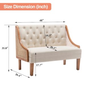 Yongqiang Modern Settee with Back Small Loveseat Sofa Rattan Upholstered Dining Banquette Seating for Kitchen Dining Room Living Room Linen Button Tufted Mini Couch