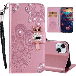 Ephoou Compatible with Apple iPhone 15 Flip Glitter Wallet Case for Women, Pu Leather with Card Slots Crystal Diamond Owl Embossing Shockproof Cover Case for iPhone 15 MTY-Rose Gold