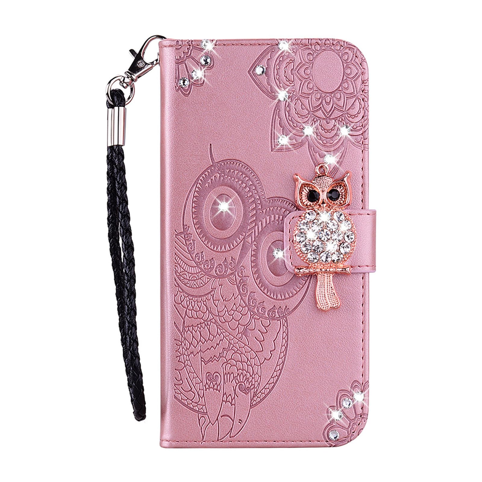 Ephoou Compatible with Apple iPhone 15 Flip Glitter Wallet Case for Women, Pu Leather with Card Slots Crystal Diamond Owl Embossing Shockproof Cover Case for iPhone 15 MTY-Rose Gold