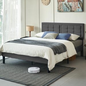 VECELO Full Size Bed Frame with Adjustable Headboard, Upholstered Button Tufted Platform Bedframe with Wood Slats Support, No Box Spring Needed, Dark Gray